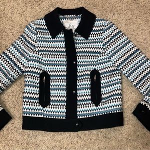 MILLY Jacket BLACK/BLUE/WHITE Sweater CARDIGAN - Sz 2 Made in USA Nice!